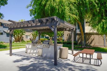 a patio with a picnic table and bbq grill